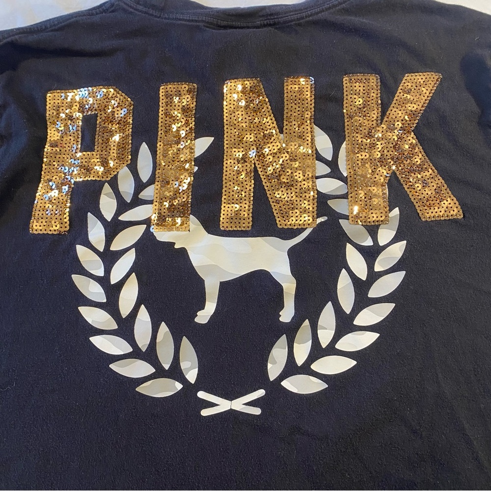 PINK Victoria's Secret Woman’s Sequin Logo Shirt - Gold and Black - Large
